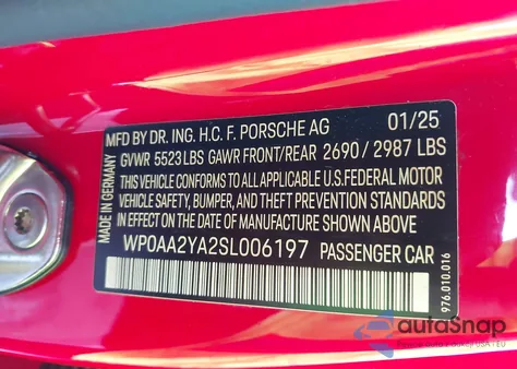 2025 Porsche Panamera 4 из США, поврежденный, VIN WP0AA2YA2SL006197